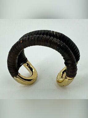Giles & Brother Cortina Brown Leather Braided Warp Brass Cuff Gold Tone Bracelet